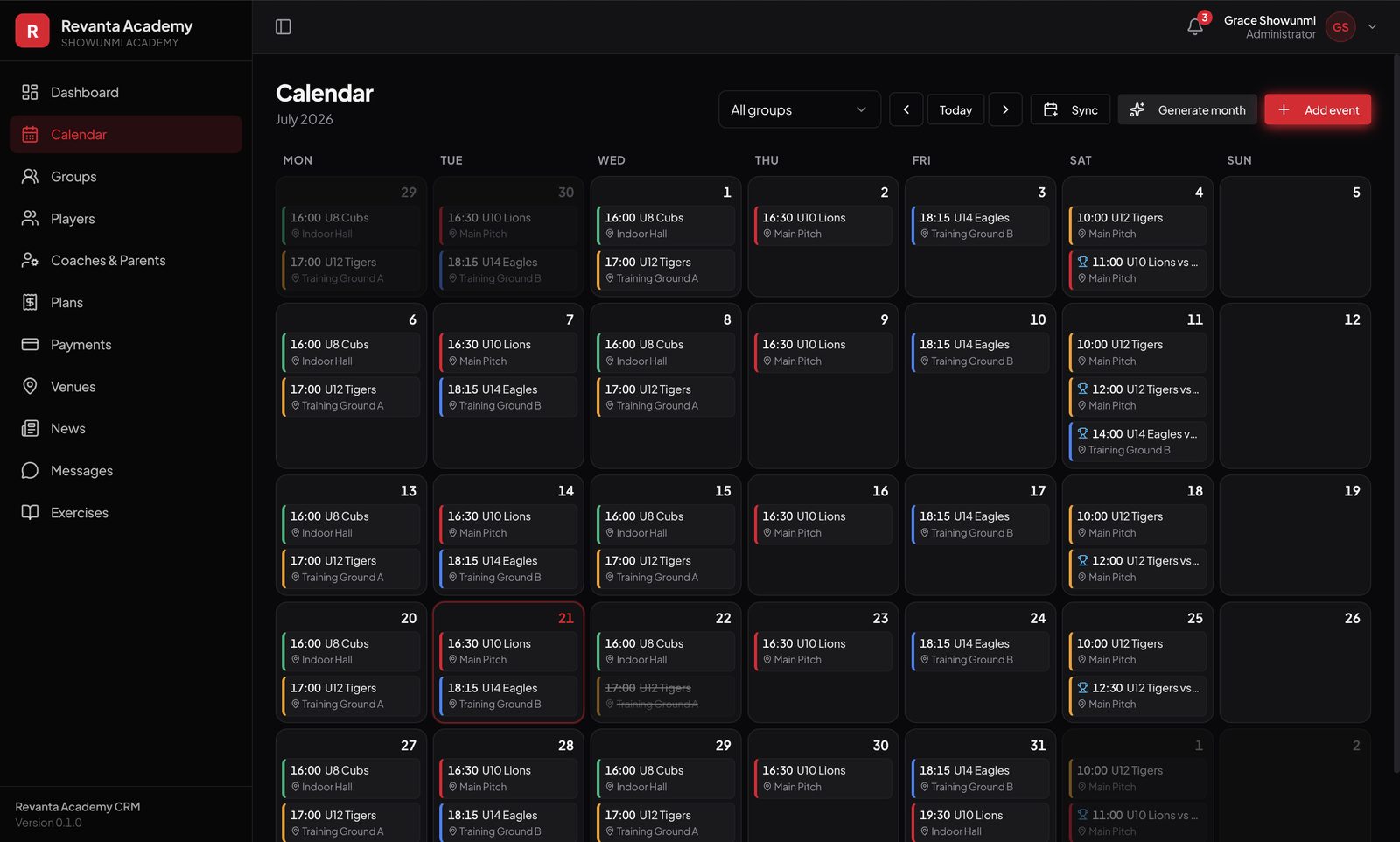 Revanta Academy calendar — trainings and matches across groups and venues
