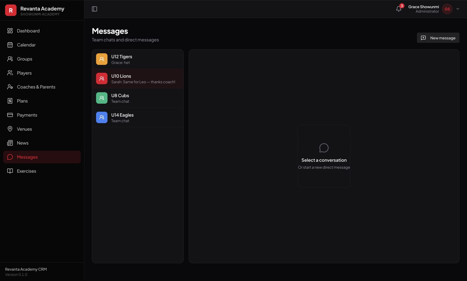 Revanta Academy messages — team chats and direct messages