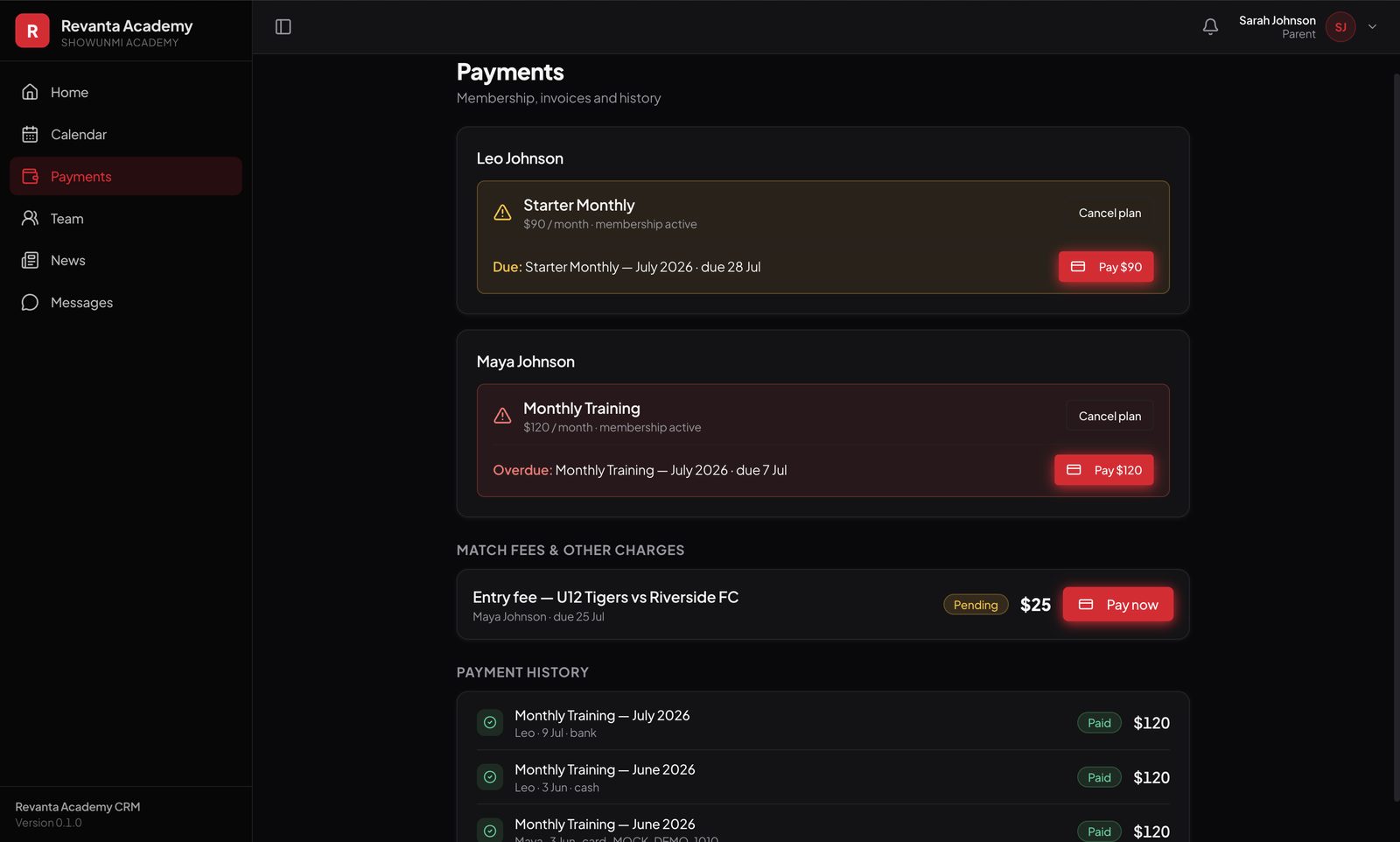 Revanta Academy payments — memberships, match fees and payment history with online card payment