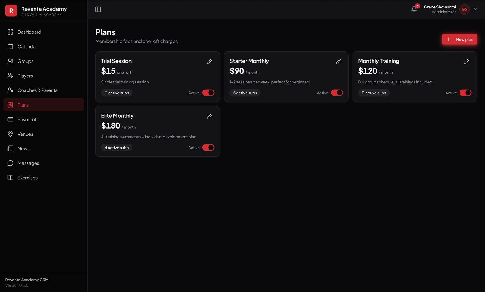 Revanta Academy plans — membership fees and one-off charges with active subscriptions